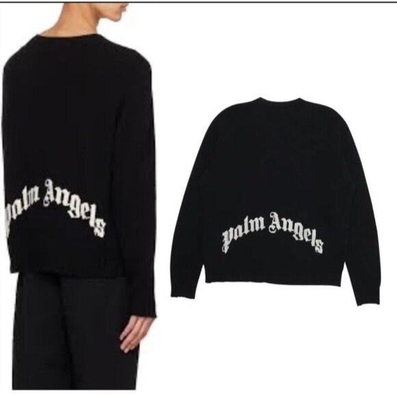 Palm Angels Rec Logo Size Medium Sweater Black Crewneck Long Sleeve Wool Blend - Picture 1 of 14